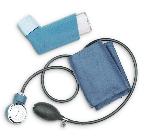 asthma inhaler and blood pressure cuff representing pre-existing conditions