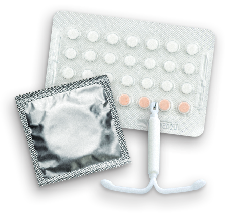 a condom, IUD and package of birth control pills representing birth control